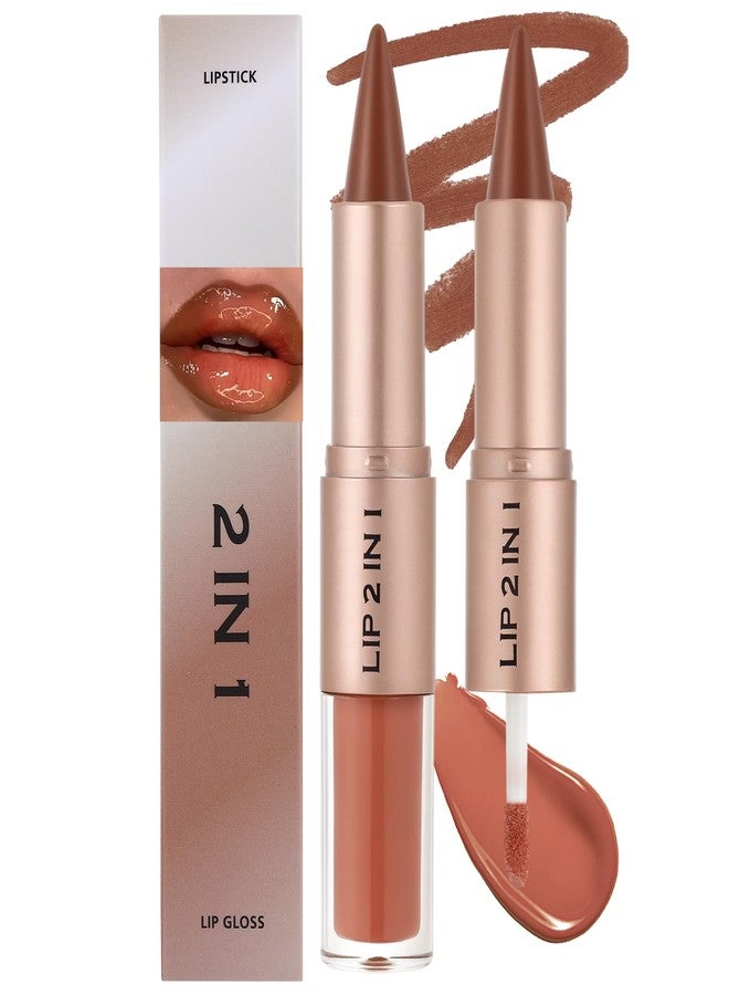 Jutqut Lip Liner & Gloss Lipstick Combo - 2 in 1 Dual-Ended Lip Combo Set, Nude Brown Velvet Matte Lip Liner & Buildable Light Brown Glowy Lip Gloss Kit for Women, Long Wear Shiny Plumping Finish, 06 - Image 1